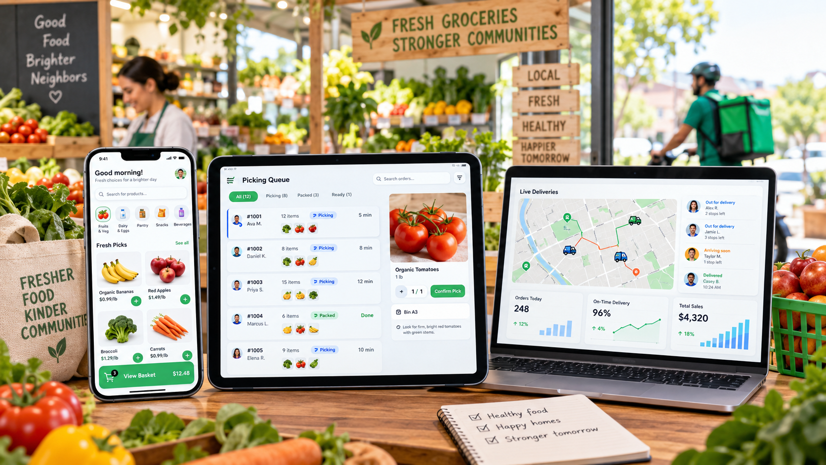 Online Market & Teslimat çözümünün telefon, tablet ve bilgisayar ekranlarındaki görünümü