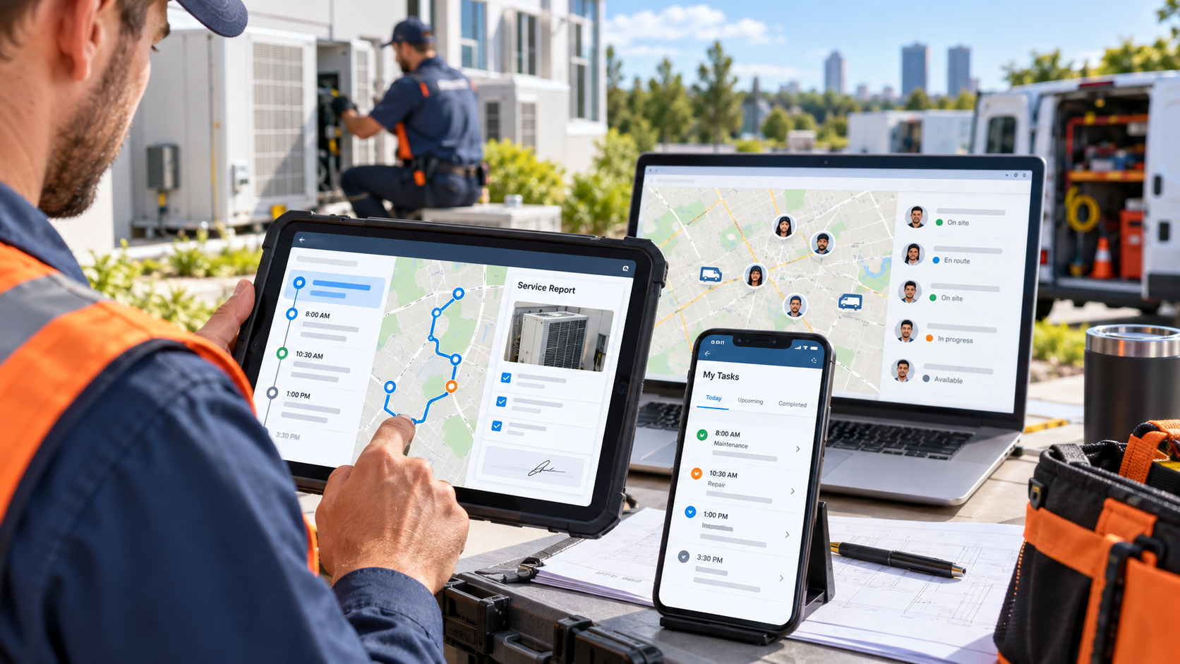Saha Servis Yönetimi çözümünün telefon, tablet ve bilgisayar ekranlarındaki görünümü