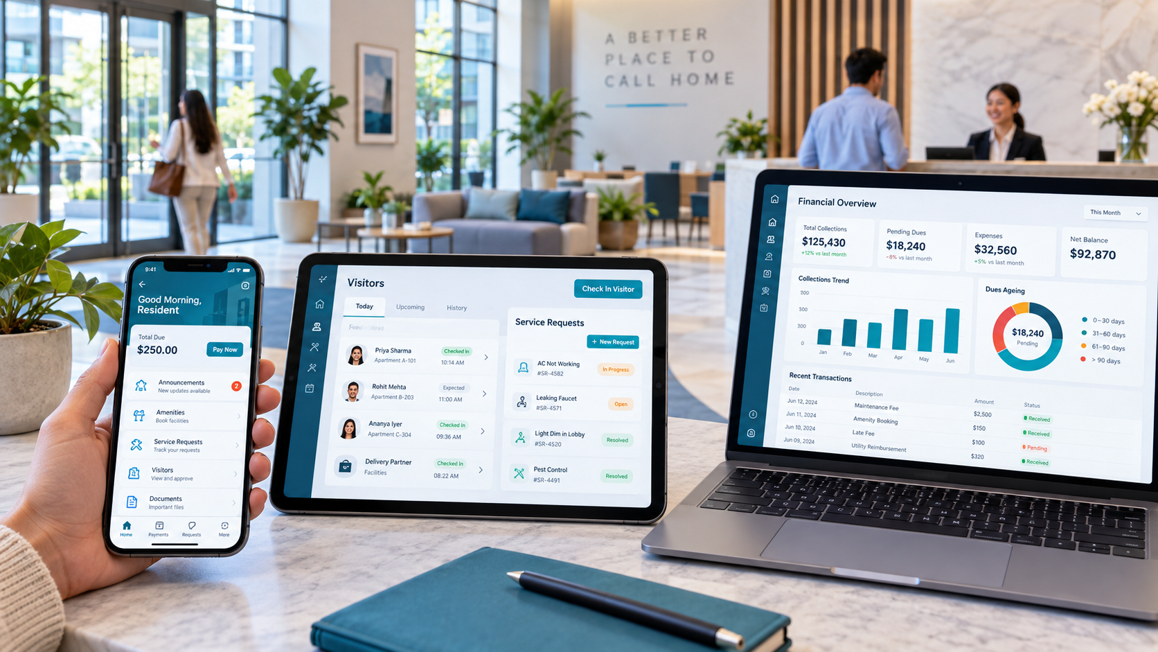Site & Apartman Yönetimi çözümünün telefon, tablet ve bilgisayar ekranlarındaki görünümü